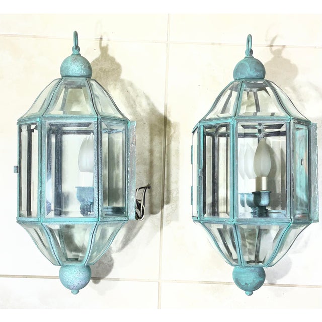 Pair of Vintage Solid Brass & Beveled Glass Wall Lantern - Sconces - Verdigris For Sale - Image 12 of 17