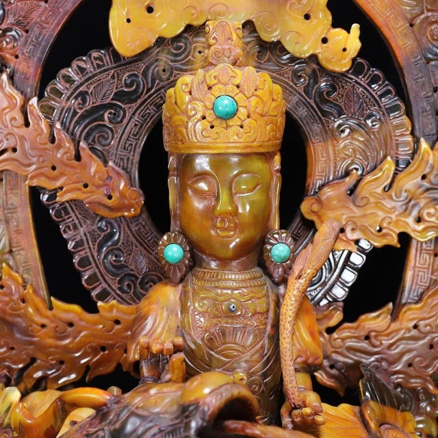 Yellow Late 19th Century Large Carved Faux Horn Bodhisattva on Dragon Sculpture For Sale - Image 8 of 10