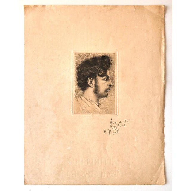 Image dimensions: 13 x 9 cm. Portrait is an original etching by Arthur Edmond Guillez (1865-1916) realized in 1908, which...