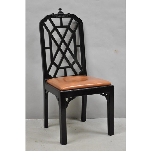 Vintage Chinese Chippendale Chinoiserie Fretwork Black Lacquer Pagoda Top Dining Side Chairs with Brown Leather Seats -...