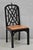 Vintage Chinese Chippendale Chinoiserie Fretwork Black Lacquer Pagoda Top Dining Side Chairs with Brown Leather Seats -...