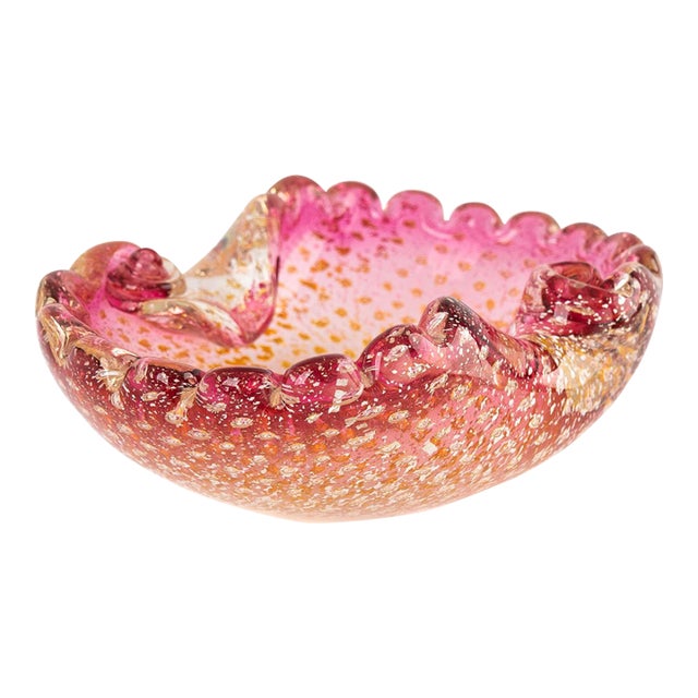 Vintage Pink and Yellow Murano Bullicante Aventurine Catchall Dish For Sale