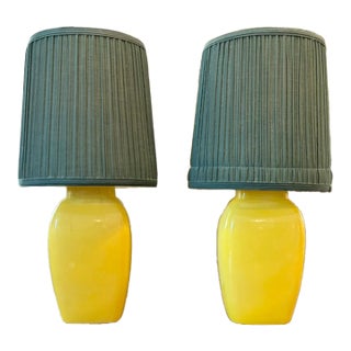 Mid Century Yellow Ceramic Lamps With Original Green Shades For Sale