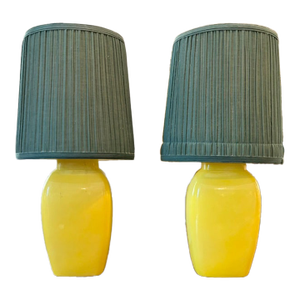 Mid Century Yellow Ceramic Lamps With Original Green Shades