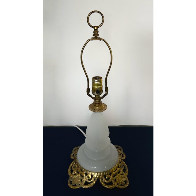 Hollywood Regency 1950s Hollywood Regency Opaline Milk Glass & Cast Brass Accent Lamp For Sale - Image 3 of 8