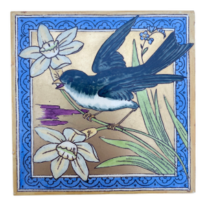 Antique Minton Hollins Hand-Painted Victorian Tile, Gilded English Art Tile, 19th Century