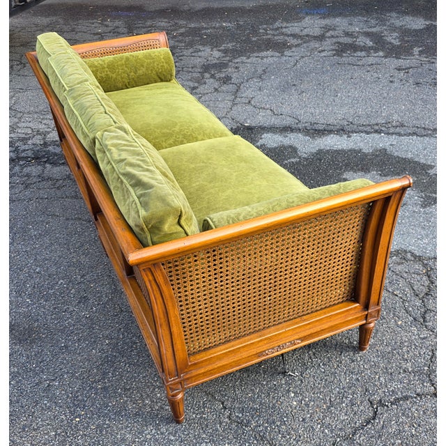 Mid 20th Century Mid 20th Century The Schoonbeck Co. Mid-Century French Louis XVI Style Walnut Caned Sofa With Loose Cushions and Bolster Pillow For Sale - Image 5 of 10