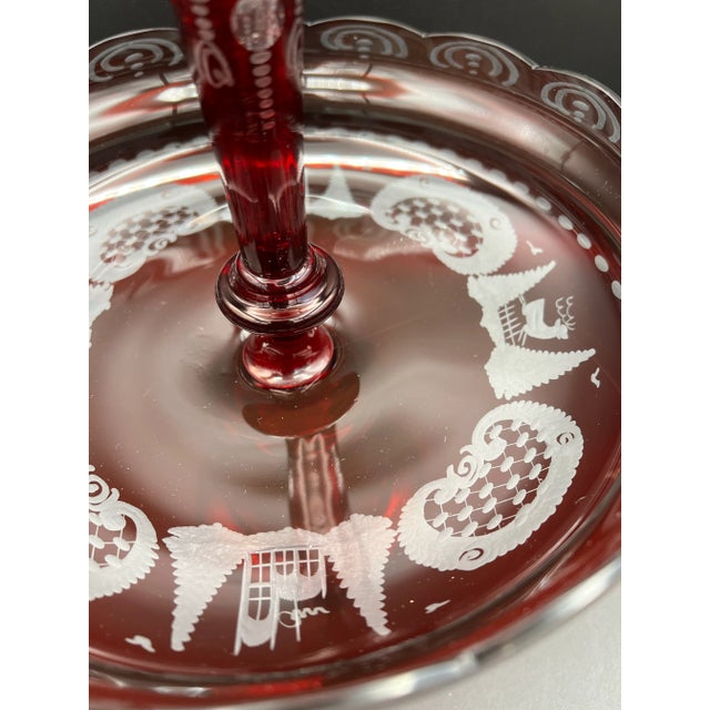 Vintage Bohemian 2 Pc Red Crystal Egermann Czech Art Glass Centerpiece Bowl Vase Epergne Stunning For Sale - Image 4 of 12