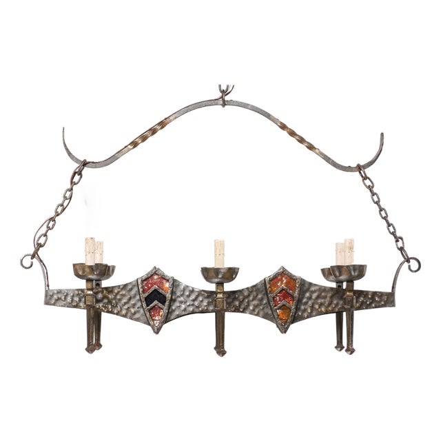 Mid 20th Century French Hammered-Metal Oblong Chandelier For Sale