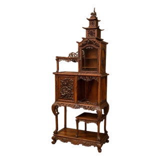 Japanese-Style Carved Wooden Display Cabinet For Sale