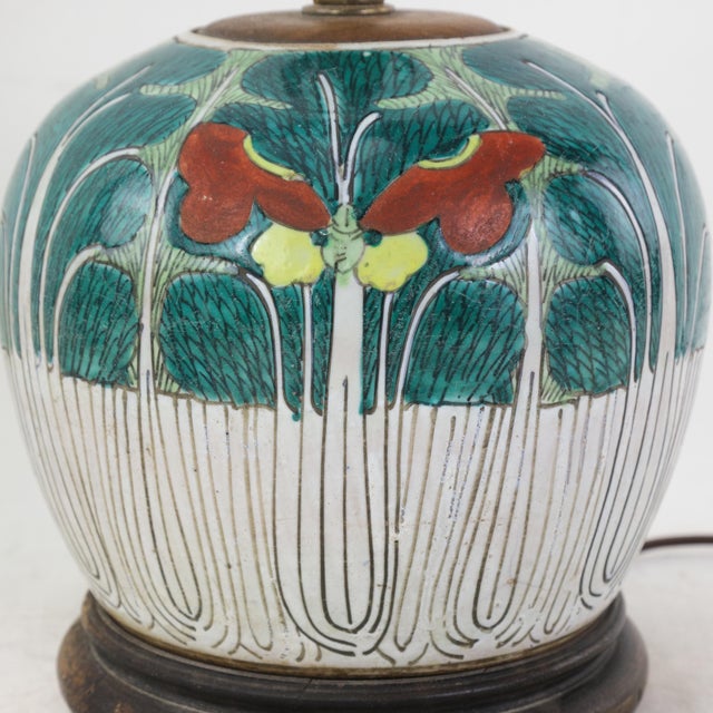 Early 20th Century Antique Chinese Famille Rose Bok Choy Porcelain Table Lamp With Cabbage Leaf and Butterfly Motif For Sale - Image 5 of 12