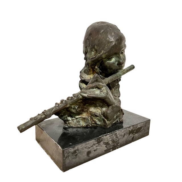 Brown Stanley Bleifeld, Bronze Sculpture Flutist American Modernist Art Stanley Bleifeld Girl with Flute, c.1970 For Sale - Image 8 of 16