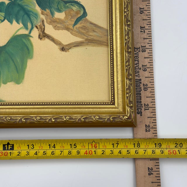 Vintage Original Hibiscus Bird Paintings Diptych Chinoiserie Gilt Frames For Sale - Image 12 of 12
