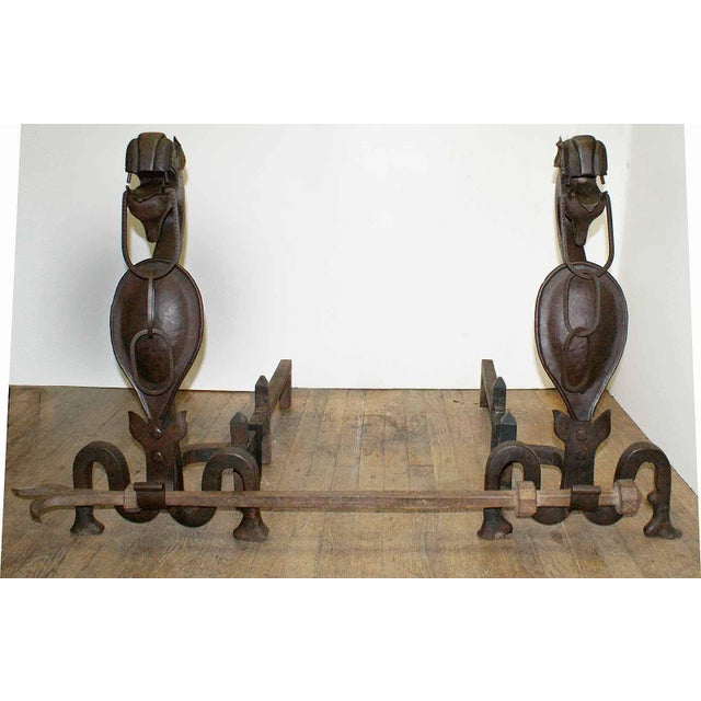 Antique Folk Art Andirons With Chain Mouthed Griffins and Cross Bracket Poker - A Pair For Sale - Image 4 of 4