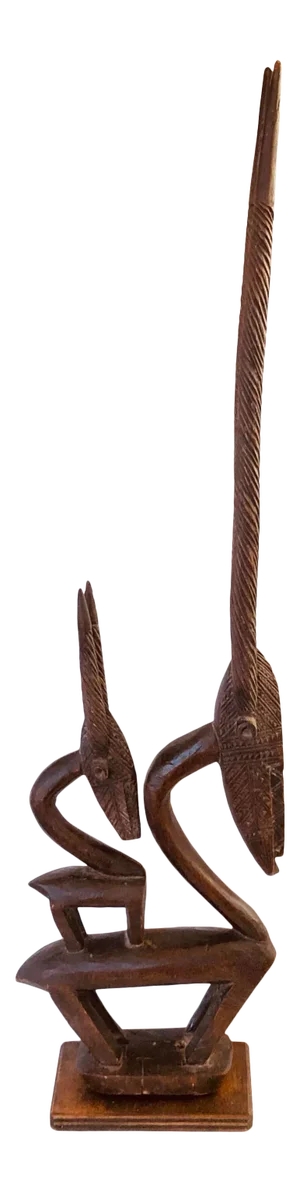 African Tribal Female Chi Wara Wood Bambara Headdress on Stand
