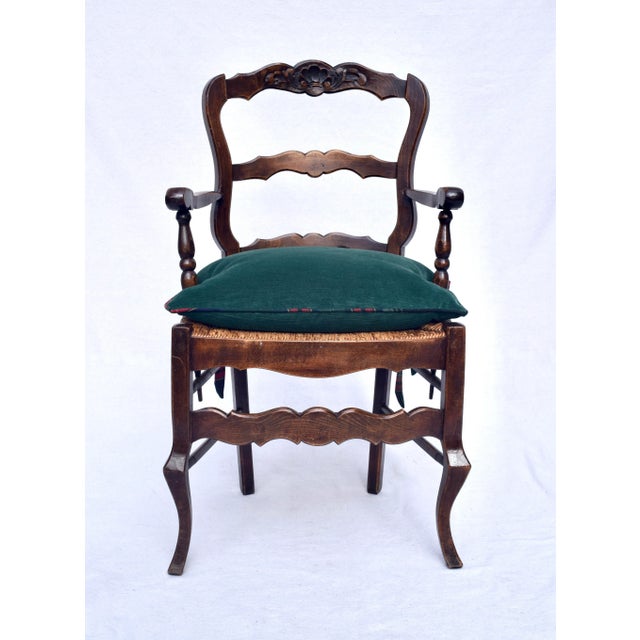 19th Century Antique French Country Walnut Rush Seat Accent Arm Chairs For Sale - Image 5 of 8