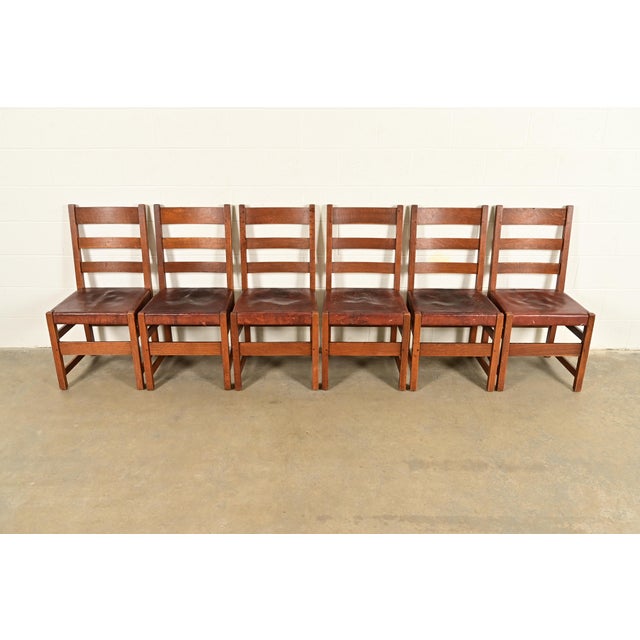 Mission L. & J. G. Stickley Antique Mission Oak Arts & Crafts Ladder Back Dining Chairs | Set of Six For Sale - Image 3 of 16