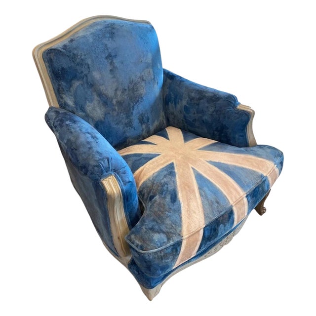 Union Jack Lounge Chair with Carved Frame and Custom Painted Velvet For Sale
