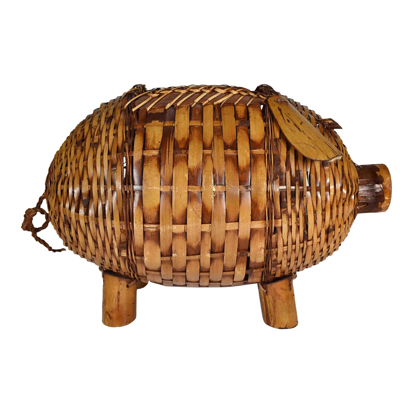 Mid 20th Century Hand Woven Wicker and Bamboo Large Pig Basket Chairish