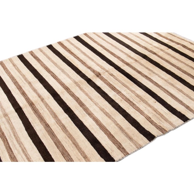 Beige Striped Modern Gabbeh Handmade Wool Rug For Sale In New York - Image 6 of 7