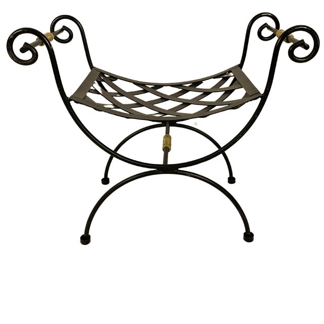 Neoclassical 1940s Neoclassical Blacksmith Wrought Iron and Brass Curule Bench For Sale - Image 3 of 10