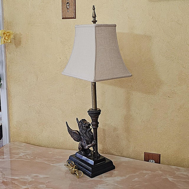 Vintage Neoclassical Bronze Winged Lion Griffin Table Lamp With Linen Shade For Sale - Image 11 of 18
