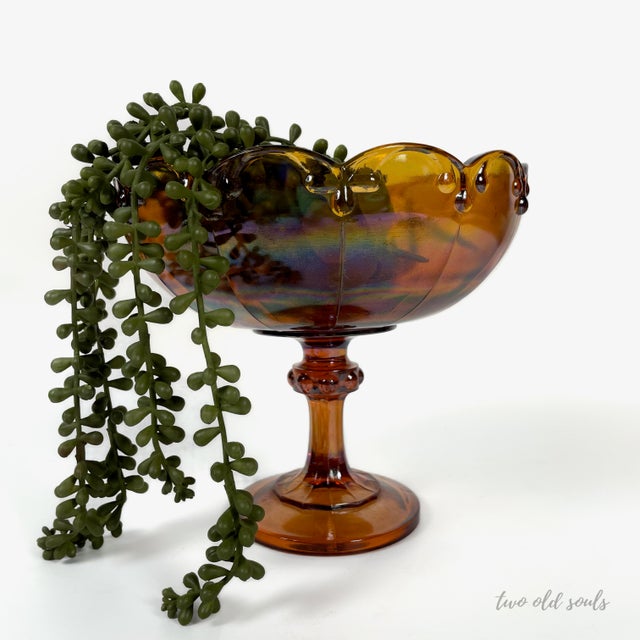 Glass Vintage Scalloped Amber Carnival Glass Pedestal Bowl For Sale - Image 7 of 9