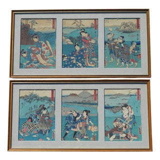 After Utagawa Hiroshige, Japanese Artworks, 1779-1858, Silk Block Prints, Set of 2 For Sale