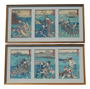After Utagawa Hiroshige, Japanese Artworks, 1779-1858, Silk Block Prints, Set of 2