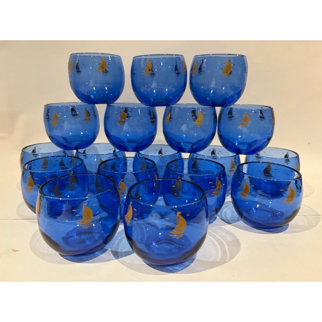 Mid 20th Century Vintage Hazel Atlas Light Royal Cobalt Blue Cocktail Glasses With Sailboat Roly Poly - Set of 18 For Sale - Image 5 of 7