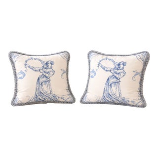 Pair of Blue and White Vintage Fortuny Fabric Pillows For Sale
