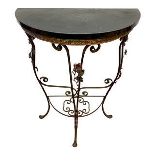 French Marble Top Demilune Console With Floral Iron Base For Sale