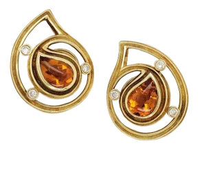 Pair of Havemeyer Gold Paisley With Diamond and Fancy Cut Citrines Earrings