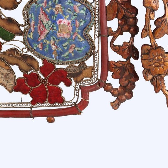19th Century Pr Antique Chinese Floral Carved Hardwood, Enameled Copper, Silk & Mica Screens For Sale - Image 5 of 8