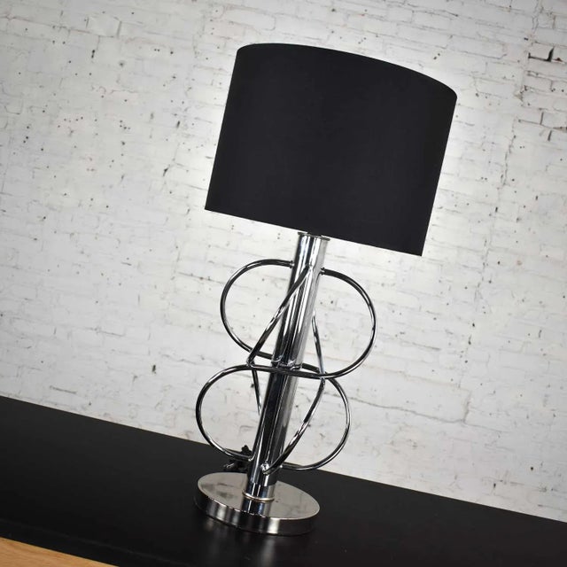 Vintage Mid-Century Modern Polished Chrome Table Lamp New Black Drum Shade For Sale - Image 9 of 13