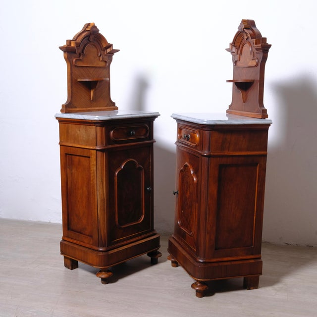 Antique Bedside Tables with Marble Backsplashes and Bases, Late 19th Century, Set of 2 For Sale - Image 13 of 18