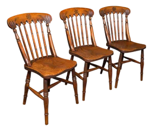 Trio of Antique Station Chairs, English Elm, Reception Hall Side Seat, Victorian