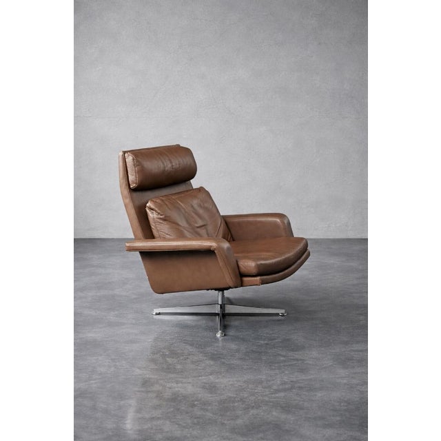 Brown Set of Mid-Century Modern Danish Brown Leather Swivel Chair & Ottoman, 1970s For Sale - Image 8 of 18