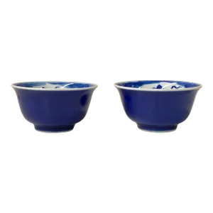 2 X Chinese Porcelain Blue White Fishes Scenery Cup Display Art