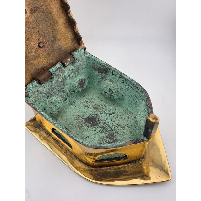 Antique C1850 Middle East Handmade Brass Charcoal Big Press Iron W Wooden Handle For Sale - Image 13 of 15