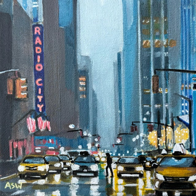 Contemporary Angela Wakefield, Miniature Painting of Radio City New York with Night Traffic by British Artist, 2024 For Sale - Image 3 of 5