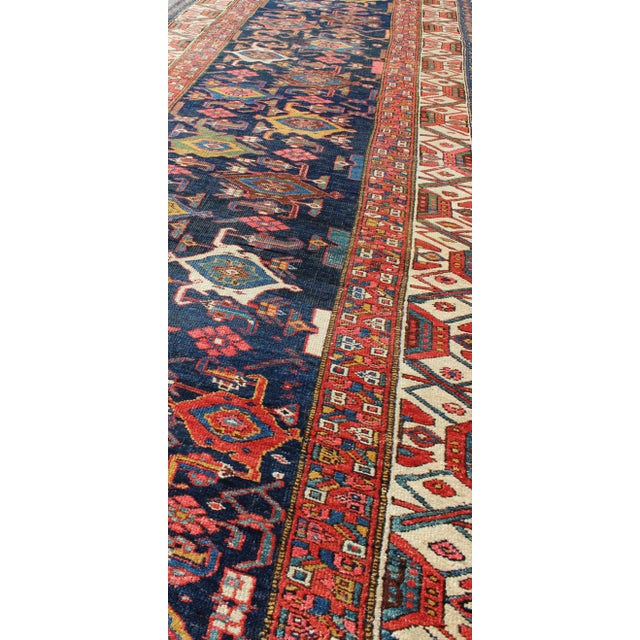 Red, Blue, and Ivory Antique Persian Bidjar Runner With All-Over Geometrics 3'11"x14'3" For Sale - Image 4 of 8