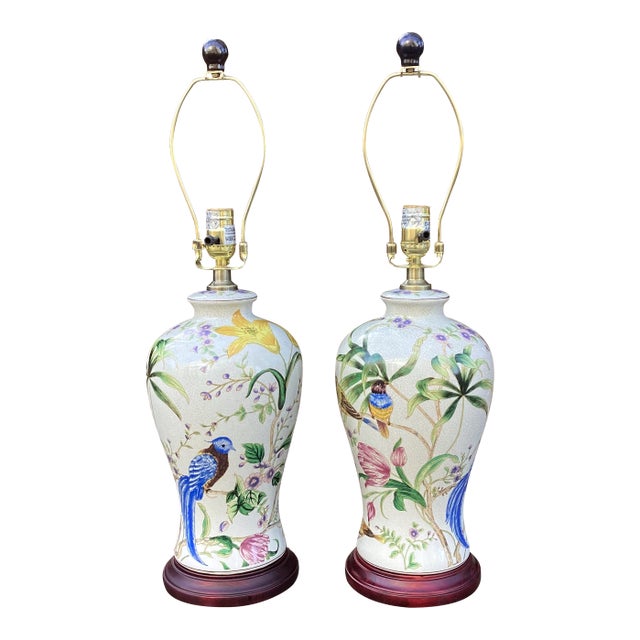 Late 20th Century Pair of Botanical Bird Lamps From Vanderbilt Whitney Estate For Sale