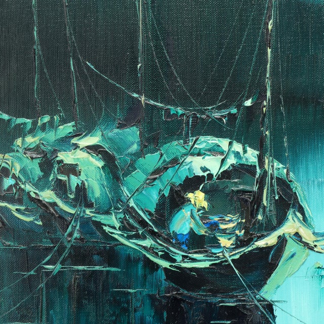 This painting depicts fishing boats anchored at dusk on a southeast Asian river. The dark blues, turquoise, and shimmering...