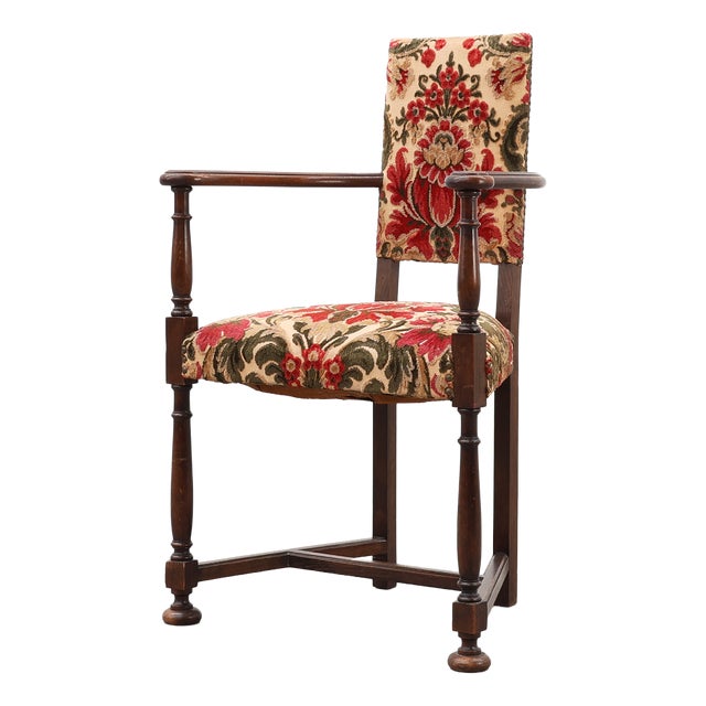 Antique Oak Louis XIII Chair with Floral Upholstery, France, 1890 For Sale