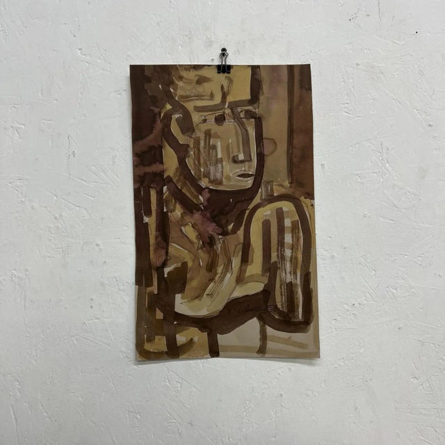 Mid 20th Century Beautiful Brown Face Watercolor Ink on Paper Signed 1967 For Sale - Image 9 of 9