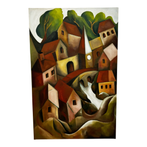 Terry Kane (Terence Matthew Kane, 1970–2015) After Picasso (Cubist-Influenced) Cascading Hillside Village Original Oil on Canvas, 2002