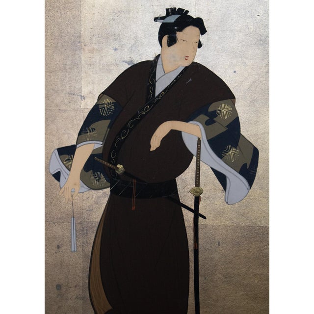 1960s Showa Era Japanese Painted Panels "Samurai & Bijin", a Pair For Sale - Image 5 of 17