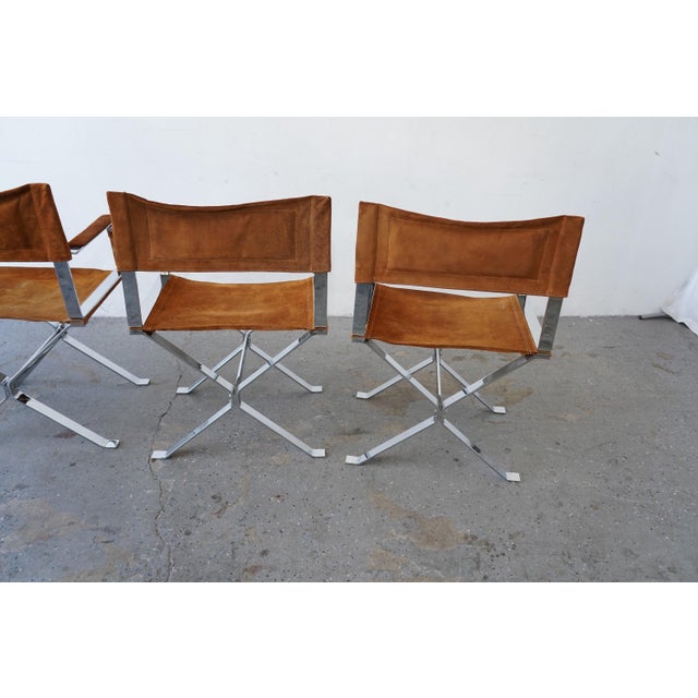 1970s Set of 4 Alessandro Albrizzi Chrome & Cognac Suede Director Chairs For Sale - Image 12 of 17