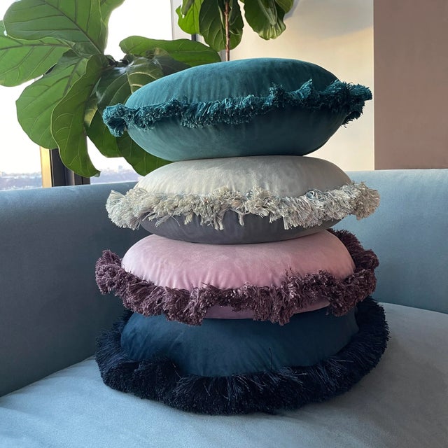 2020s The Macaron, Fringed Velvet Circle Pillow, Agean Green For Sale - Image 5 of 6